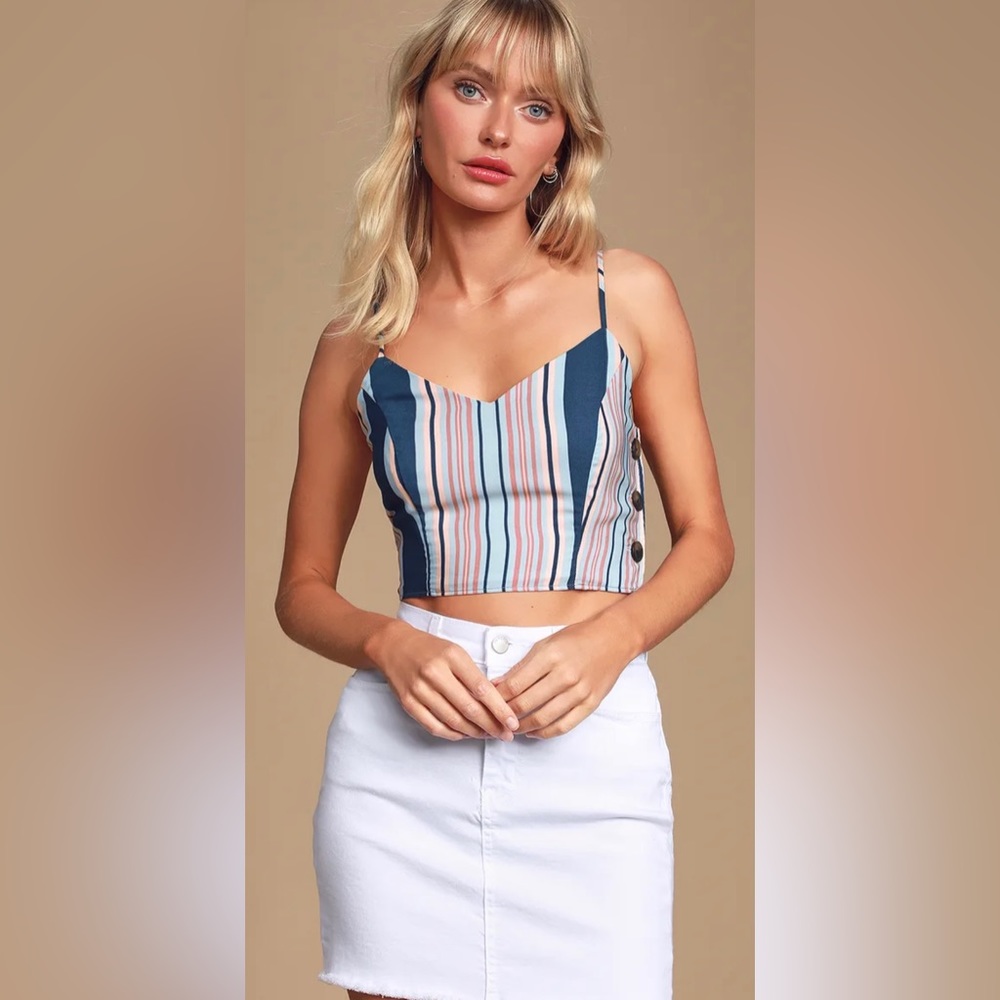 Lulus Mabelle Blue Multi Striped Side-Button Crop Top